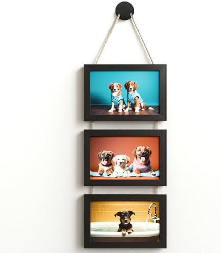 WARM&LOVE 4x6 Inch Hanging Picture Frames with 3 Openings, Rustic Wood Wall Photo Frame, Picture Frame Displays 4 Photos for Wall Decor (Black) by WarmLove