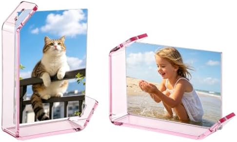 3.5x5inch L Shaped Acrylic Picture Frame, 2 Pack Double Sided Floating Photo Stand for Tabletop, Horizontal Vertical Display Holder Home Office Decor Family Wedding Anniversary, Pink by Cosics