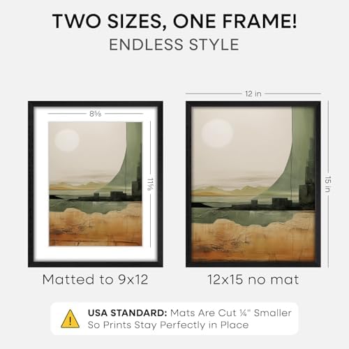 Homeforia 12x15 Black Oak Picture Frame, High-End Wood, 9x12 Mat, Glass - Image 2