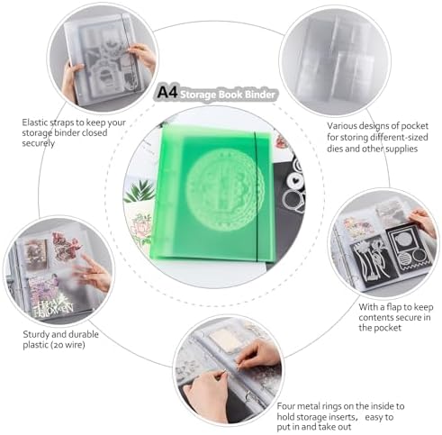 A4 Dies and Stamps Storage Book Binder Folder, Page Protectors Pockets Inserts Organizer for Cutting Dies Stencil Album Stamp Crafts, 1Pcs Green Storage Book Cover & 20 Inserts with 1/2/3/4 Pockets - Image 4