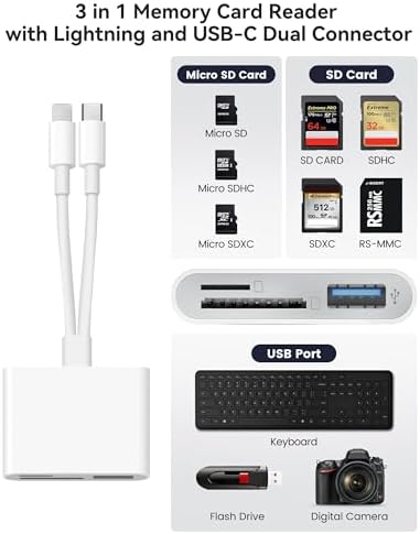 AkHolz SD Card Reader for iPhone iPad Built-in Dual Cords (Lightening, USB-C) Card Reader with SD MicroSD USB-A 3 Slots Trail Camera Memory Card Viewer Portable No App Required Plug and Play - White - Image 5