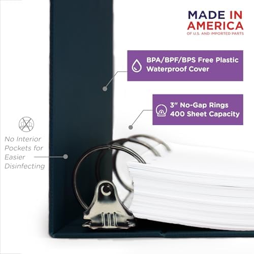 Carstens 3-Inch Heavy Duty 3-Ring Binder - Side Opening, Navy Blue, Durable Plastic, Precision No-Gap Rings, Waterproof Cover, No Pockets, Holds 400 US Letter Sheets, BPA-Free, Made in USA (1749-3R) - Image 3