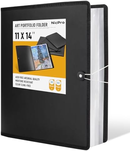 Nicpro 11x14 Art Portfolio Folder, 30 Pockets Display 60 Pages Art Painting Portfolio Binder with Clear Plastic Sleeves, Presentation Storage Book for Artists Artwork Drawing - (Black) by Nicpro