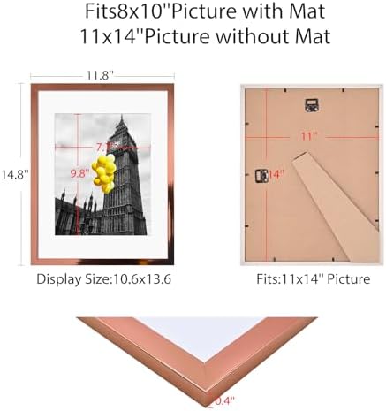 Picture Frames 11x14 Set of 6, Distressed rose gold Photo Frame, Display Pictures 8x10 with Mat or 11x14 Without Mat, Washed Farmhouse Frame - Image 2
