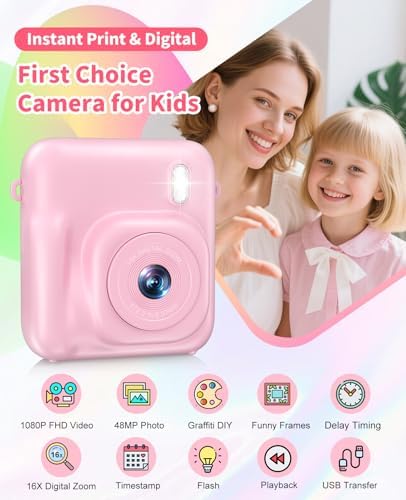 Kids Camera Instant Print, 1080P Dual-Lens Digital Camera for Kids, Pink - Image 2