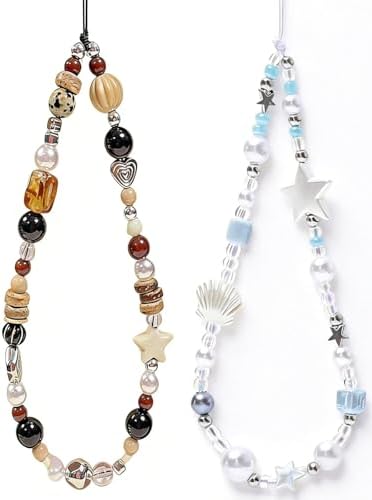 2 Pcs Phone Charm Strap Universal Hand Phone Wrist Strap Camera Lanyard Pearl Beaded Cute Chain String Accessories Universal for iPhone 17 16 Pro Max Samsung Women Girls Keychain Brown and White Star by Casecond