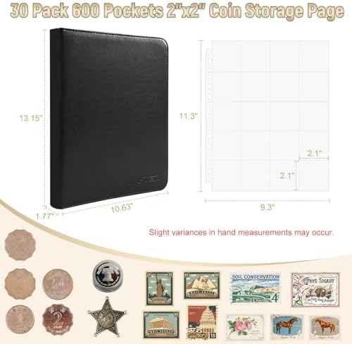 BYSTER Coin Collection Book, 30 Pack 600 Pockets Coin Sleeves, Faux Leather Coin Collection Holder Album, Coin Collection Organizer Storage Box Case (Coin Flips Not Included), Black - Image 2