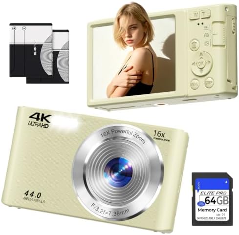 Digital Camera 4K, 44MP Autofocus Compact Digital Camera, 64GB, 2 Batteries by KPMORLY
