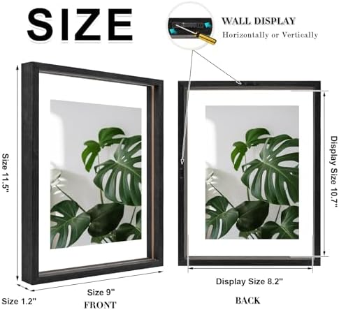 Egofine 8.5x11 Floating Frames Set of 2, Double Plexiglass Picture Frame, Made of Solid Wood Display Any Size Photo up to 8.5x11, Wall Mount or Tabletop Standing, Faded Black - Image 2