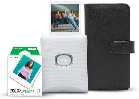 Instax Square Link Smartphone Printer Starter Kit - Ash White with Album and Instax Square Film (10 Exposures) by FUJIFILM