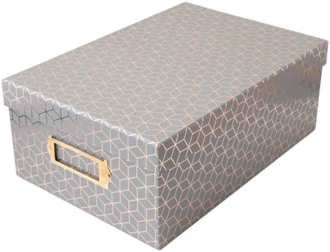 American Crafts Photo Keepsake Box with Lid, Gray Geo with Rose Gold Foil, 11x7.4x4.3, Decorative Photo Storage & Memory Box by AmericanCrafts