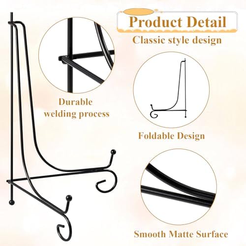 SHENLIU 10 Packs Black Iron Plate Display Stand for Display, 10 Inches Plate Picture Photo Stand Foldable Easel Holder for Easel Frame Book Card Plaque Bowl Plaque Collection Office - Image 3