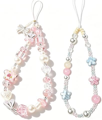 2 Pcs Phone Charm Strap Hand for iPhone Wrist Strap Camera Lanyard Pearl Beaded Cute Chain String Accessories Universal for iPhone 17 Pro Max 16 15 Samsung Women Girls Keychain Bow Flower Blue Flower by Casecond