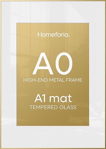 Homeforia A0 Gold Poster Frame, High-End Metal, A1 Mat, Glass by Homeforia