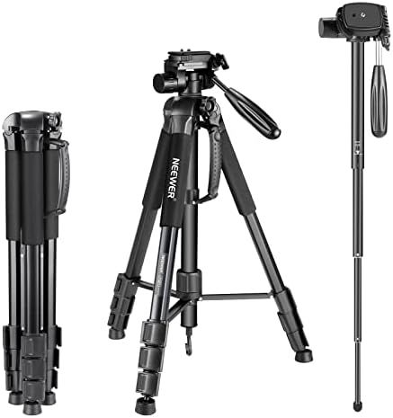 NEEWER Portable Aluminum Alloy Camera 2 in 1 Tripod Monopod Max. 70"/177cm with 3 Way Swivel Pan Head and Carrying Bag for DSLR, DV Video Camcorder (SAB264, Black) by Neewer