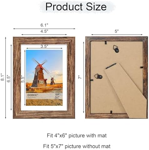 5x7 Picture Frame Set of 2, 5 x 7 Wood Photo Frames with Mat for 4x6, Natural Wooden Frame with Real Glass Cover for Wall and Tabletop Display,Rustic Brown - Image 4