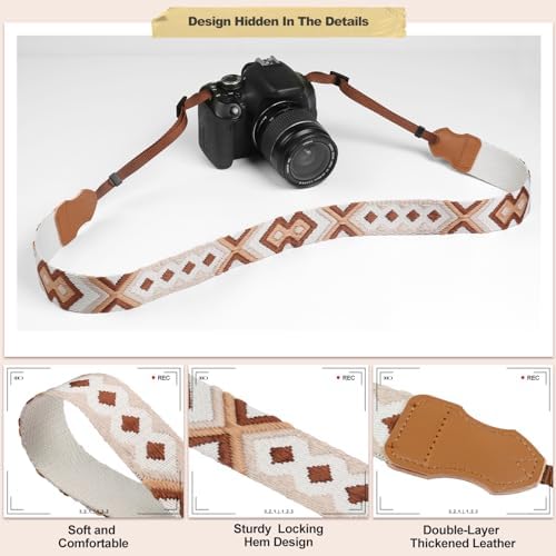 Universal Camera Strap - Camera Neck Strap, Adjustable Shoulder Straps Compatible with Canon, Fujifilm, Nikon, Olympus, Panasonic and other SLR and mirrorless cameras - Brown Beige White Weave - Image 5