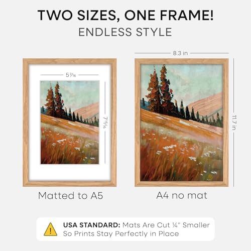 Homeforia A4 Natural Oak Picture Frame, High-End Wood, A5 Mat, Glass - Image 2