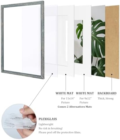 Egofine 12x16 Picture Frames Set of 4, Made of Solid Wood Covered by Plexiglass 9x12 and 11x14 with Mat or 12x16 without Mat, for Wall Mounting Photo Frame Rustic Blue - Image 4