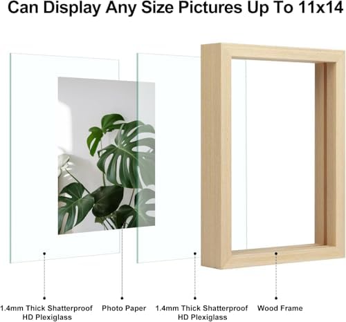 Egofine 11x14 Floating Frames Set of 4, Double Plexiglass Picture Frame, Made of Solid Wood Display Any Size Photo up to 11x14, Wall Mount or Tabletop Standing, Natural Wood - Image 3