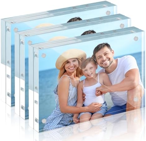 HOUSE DAY Acrylic Picture Frames 5x7, 3 Pack Magnetic 5x7 Picture Frame, Double Sided Clear 5 x 7 Photo Frame with Microfiber Cloth, Frameless FreeStanding 5x7 Frame Gift for Desktop Display by HOUSEDAY