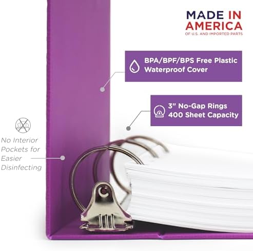 Carstens 3-Inch Heavy Duty 3-Ring Binder - Side Opening, Dewberry Purple, Durable Plastic, Precision No-Gap Rings, Waterproof Cover, No Pockets, Holds 400 Letter Sheets, BPA-Free Made in USA (1707-3R) - Image 2