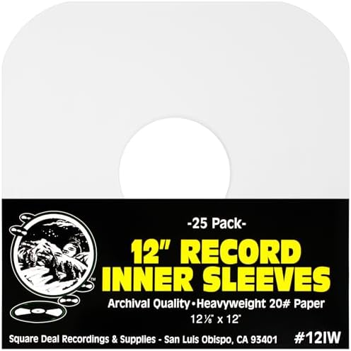 (25) Archival Quality Acid-Free Heavyweight Paper Inner Sleeves with Hole for 12 inch Vinyl Records - Durable 20# Paper - Easy Record Insertion - #12IW by SquareDealRecordingsSupplies