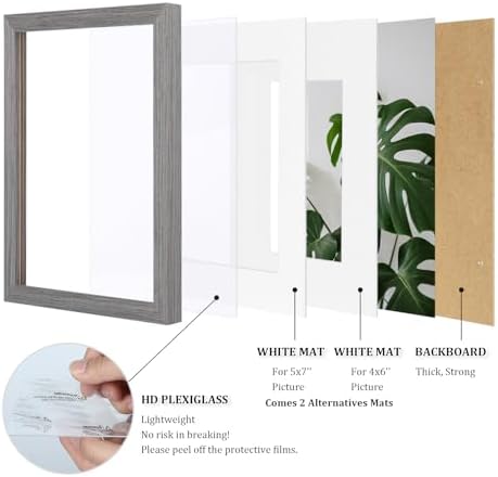 Egofine 8x10 Picture Frames Set of 4, Made of Solid Wood Covered by Plexiglass 4x6 and 5x7 with Mat or 8x10 without Mat, for Table Top Display and Wall Mounting Photo Frame Light Grey - Image 4