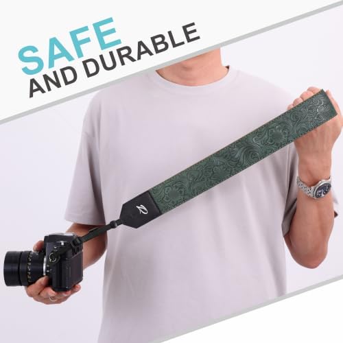 Padwa Lifestyle Camera Strap - 2" Green Faux Leather Carving Camera Straps with Full Grain Leather Ends for Photographers, Vintage Soft Suede Fabric Padded Strap Quick Release fits All Cameras - Image 5