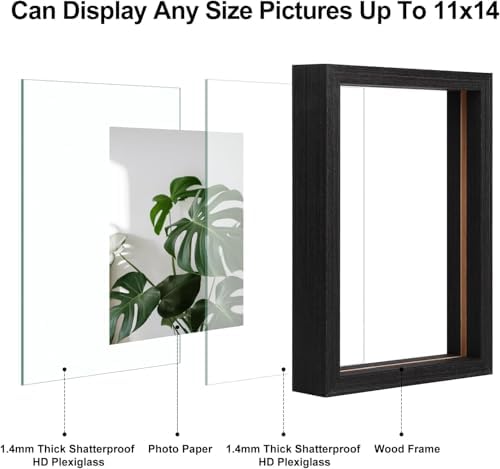Egofine 11x14 Floating Frames Set of 4, Double Plexiglass Picture Frame, Made of Solid Wood Display Any Size Photo up to 11x14, Wall Mount or Tabletop Standing, Faded Black - Image 3