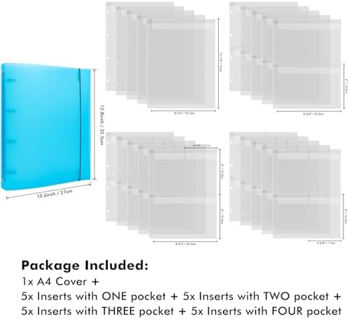 A4 Dies and Stamps Storage Book Binder Folder, Page Protectors Pockets Inserts Organizer for Cutting Dies Stencil Album Stamp Crafts, 1Pcs Blue Storage Book Cover & 20 Inserts with 1/2/3/4 Pockets - Image 3