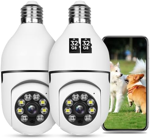 Light Bulb Security Camera with Night Vision,Motion Detection,360° Remote Viewing,Real-Time Alerts for Home Safety,Indoor and Outdoor Cam,2 Packs with 2pcs 32G Memory Card,0 Monthly Fee by OFYOO