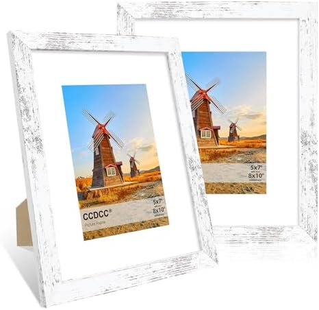 8x10 Picture Frame Set of 2, 8 x 10 Wood Photo Frames with Mat for 5x7, Rustic Natural Wooden Frame with Real Glass Cover for Wall and Tabletop Display,Distressed White by CCDCC