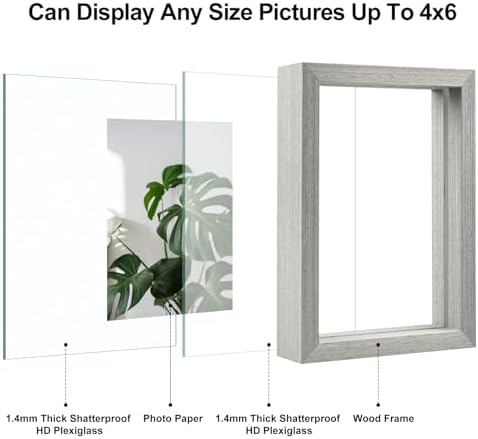 Egofine 4x6 Floating Frames Set of 2, Double Plexiglass Picture Frame, Made of Solid Wood Display Any Size Photo up to 4x6, Wall Mount or Tabletop Standing, Grey - Image 3