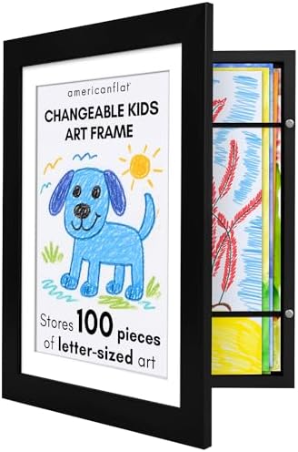 Americanflat Kids Artwork Frame Changeable (Black) - Magnetic Door Holds 100 Art Pieces - 8.5x11 Letter Size Display with Mat or 10x12.5 Without Mat - My Mini Masterpiece by Americanflat