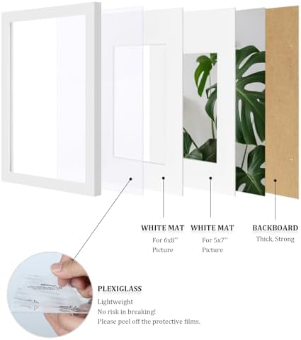 Egofine 8x12 Picture Frames Set of 4, Made of Solid Wood Covered by Plexiglass 5x7 and 6x8 with Mat or 8x12 without Mat, for Table Top Display and Wall Mounting Photo Frame White - Image 4