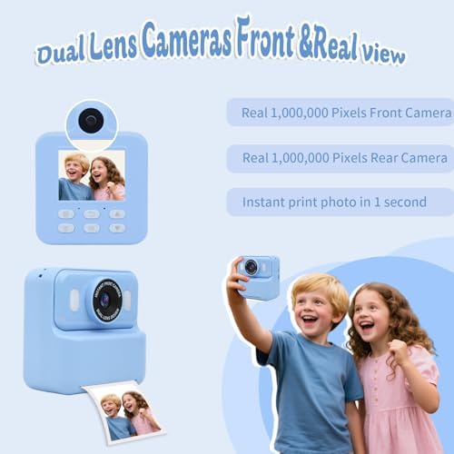 Kids Instant Print Camera,32GB Card, Dual Lens 1080P HD Video Camera for Boys Girls, Thermal Print Toy Camera, 16X Zoom, 2.4" IPS Screen, Puzzle Games, Christmas Birthday Gift for Kids 3-12(Blue) - Image 3