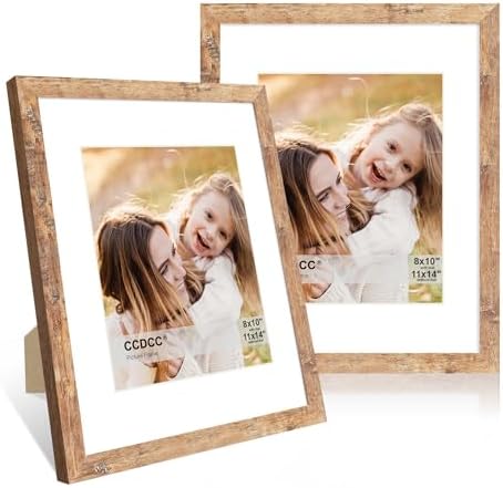 11x14 Picture Frame Set of 2, 11 x 14 Wood Photo Frames with Mat for 8x10, Natural Wooden Frame with Real Glass Cover for Wall and Tabletop Display,Brown by CCDCC