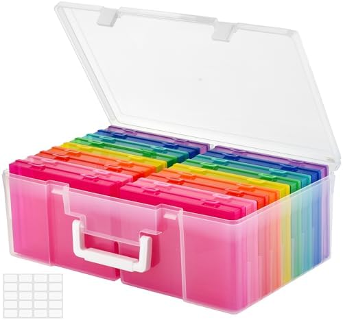 ALINK Photo Storage Box 5" x 7" with Handle, 18 pcs Inner Photo Container Organizer and Craft Keeper, Portable Picture Case with Label for Arts, Crafts, Sewing, Stickers, Office Supplies - Colored by ALINK