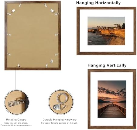 16x20 Poster Frame Set of 2, 16 x 20 Wood Picture Frames with Mat for 11x14, Wooden Photo Frame with Tempered Glass Cover for Wall Mounting Display, Rustic Brown - Image 4