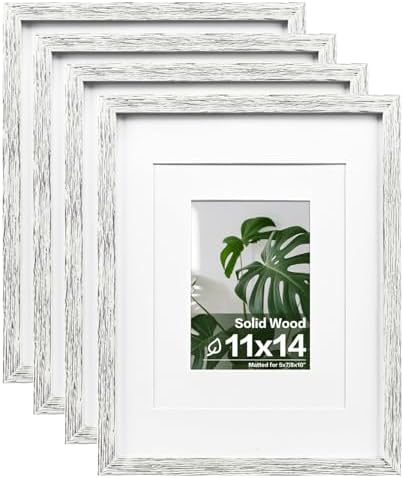 Egofine 11x14 Picture Frames Set of 4, Made of Solid Wood Covered by Plexiglass 5x7 and 8x10 with Mat or 11x14 without Mat, for Table Top Display and Wall Mounting Photo Frame Driftwood White by Egofine