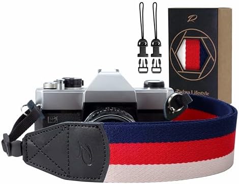 Padwa Lifestyle Stripes Camera Strap - 2" Wide Genuine Leather Ends Camera Straps for Photographers, Vintage Blue, Red, and white Stripes Nylon Strap with Camera Quick Release fits All Cameras by PadwaLifestyleCameraStrap