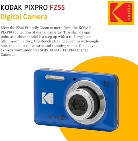 KODAK PIXPRO FZ55 16MP Digital Point & Shoot Camera, 5X Optical Zoom, 28mm Wide Angle, 1080P Full HD Video, Bundle with 32GB SD Card, Protective Case, and Hi-Speed Card Reader (Blue) - Image 4
