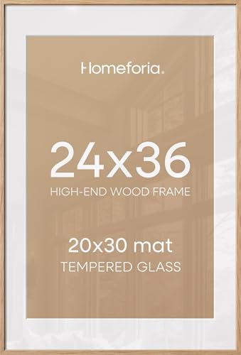 Homeforia 24x36 Natural Oak Poster Frame, High-End Wood, 20x30 Mat, Glass by Homeforia