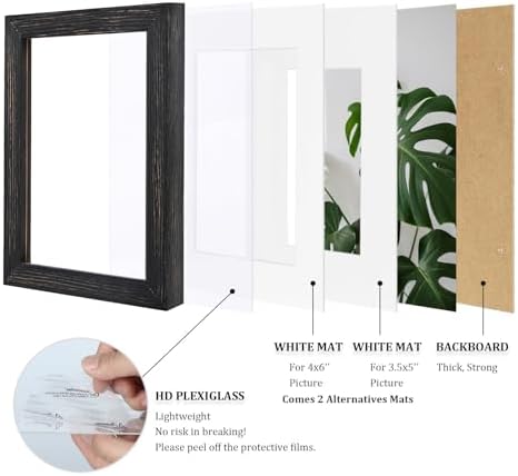 Egofine 5x7 Picture Frames Set of 4, Made of Solid Wood Covered by Plexiglass 3.5x5 and 4x6 with Mat or 5x7 without Mat, for Table Top Display and Wall Mounting Photo Frame, Driftwood Black - Image 5