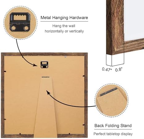 12x12 Picture Frame Set of 2, 12 x 12 Wood Photo Frames with Mat for 10x10 or 30x30cm Diamond Art Painting, Wooden Frame with Real Glass Cover for Wall and Tabletop Display,Rustic Brown - Image 4