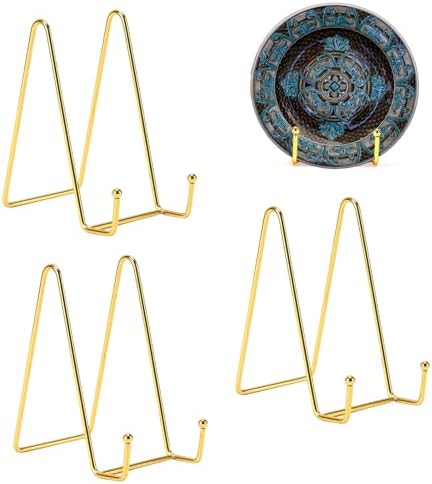 3 Pack 8 Inch Plate Stands for Display, Plate Holder Display Stand, Picture Frame Stand Black Metal Frame Holder Stands for Book,Small Easel,Decorative Plate,Photo and Platter,Tabletop Art-gold by Kruodop