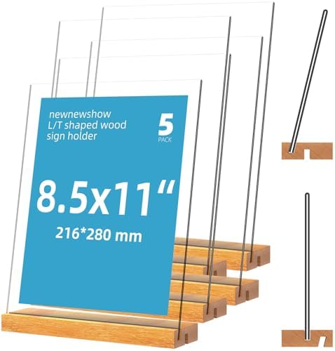 newnewshow 8.5"x11" Acrylic Sign Holder with Wood Base Wood Sign Holder Vertical or Slant Back Display for Store Office (5pack) by NEWNEWSHOW
