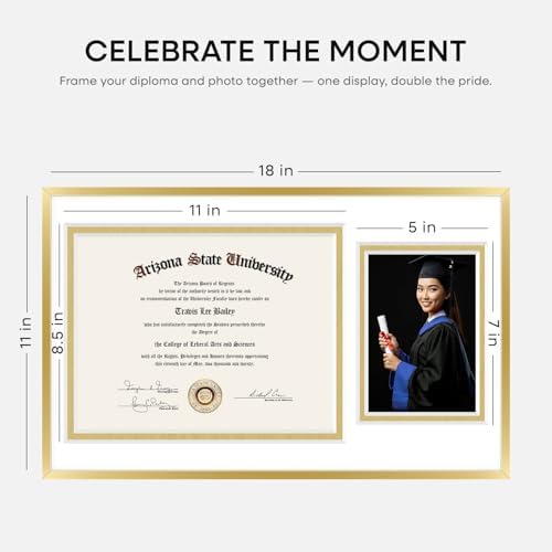 Homeforia 11x18 Gold Diploma Frame, High-End Metal, 8.5x11 & 5x7 Mat - Image 2