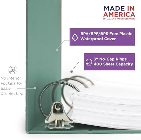 Carstens 3-Inch Heavy Duty 3-Ring Binder - Side Opening, Mint, Durable Plastic, Precision No-Gap Rings, Waterproof Cover, No Pockets, Holds 400 US Letter Sheets, BPA-Free, Made in USA (1748-3R) - Image 2